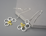 Honeycomb and Bee Long Hanging Dangle Earrings