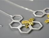 Honeycomb and Bee Long Hanging Dangle Earrings
