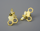 Asymmetrical Honeycomb and Bee Stud Earrings