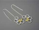 Honeycomb and Bee Long Hanging Dangle Earrings