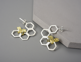 Honeycomb and Bee Hanging Hoop Earrings