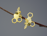 Asymmetrical Honeycomb and Bee Stud Earrings