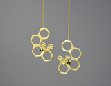 Honeycomb and Bee Long Hanging Dangle Earrings