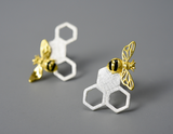 Asymmetrical Honeycomb and Bee Stud Earrings