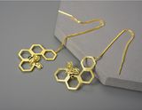 Honeycomb and Bee Long Hanging Dangle Earrings