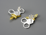 Asymmetrical Honeycomb and Bee Stud Earrings