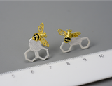 Asymmetrical Honeycomb and Bee Stud Earrings