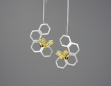 Honeycomb and Bee Long Hanging Dangle Earrings
