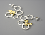 Honeycomb and Bee Hanging Hoop Earrings