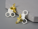 Asymmetrical Honeycomb and Bee Stud Earrings
