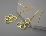 Honeycomb and Bee Long Hanging Dangle Earrings
