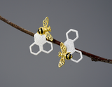 Asymmetrical Honeycomb and Bee Stud Earrings