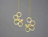 Honeycomb and Bee Long Hanging Dangle Earrings