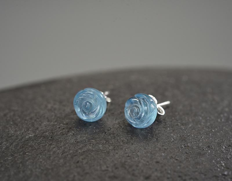 Aquamarine Rose Flower Stud Earrings