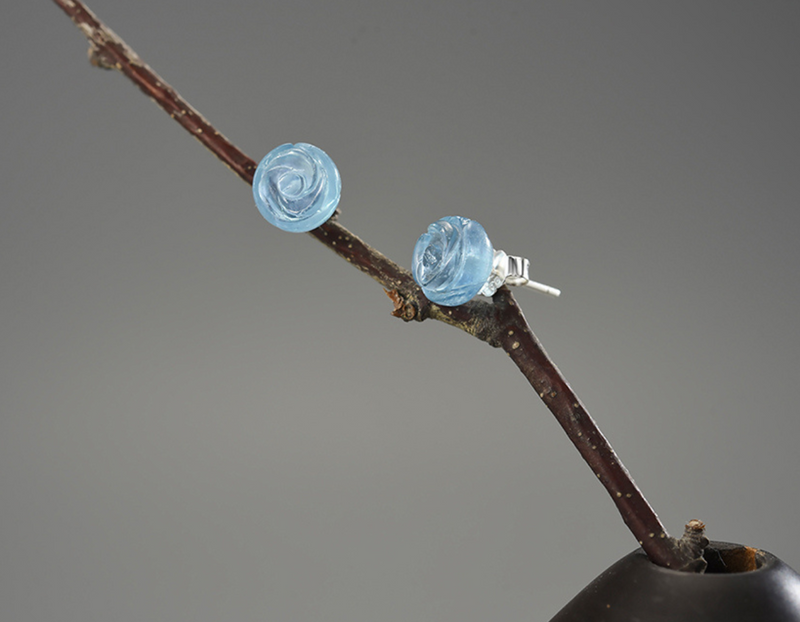 Aquamarine Rose Flower Stud Earrings