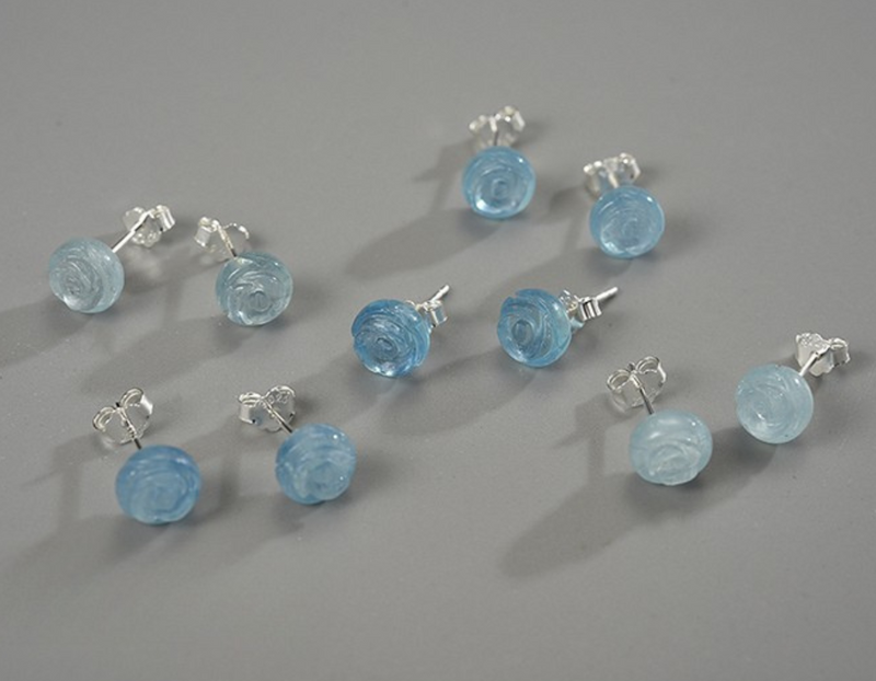 Aquamarine Rose Flower Stud Earrings