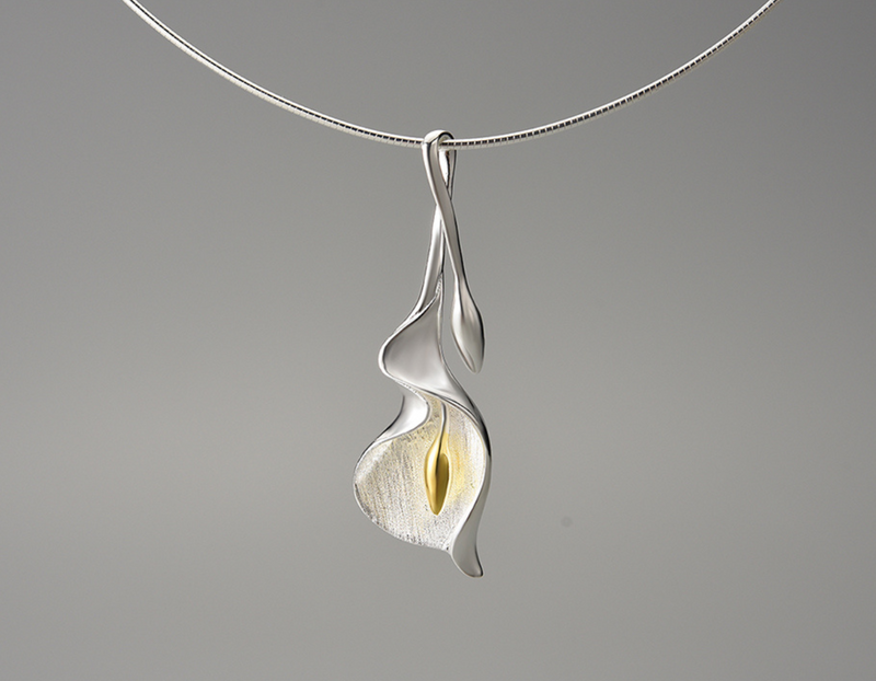 silver lily flower necklace Calla Pendant In 925 Sterling Silver 18K Gold Plated Handmade Modern Floral Fine Jewelry Design V2-Pendant
