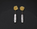 Baroque Pearl Camellia Flower Drop Earrings