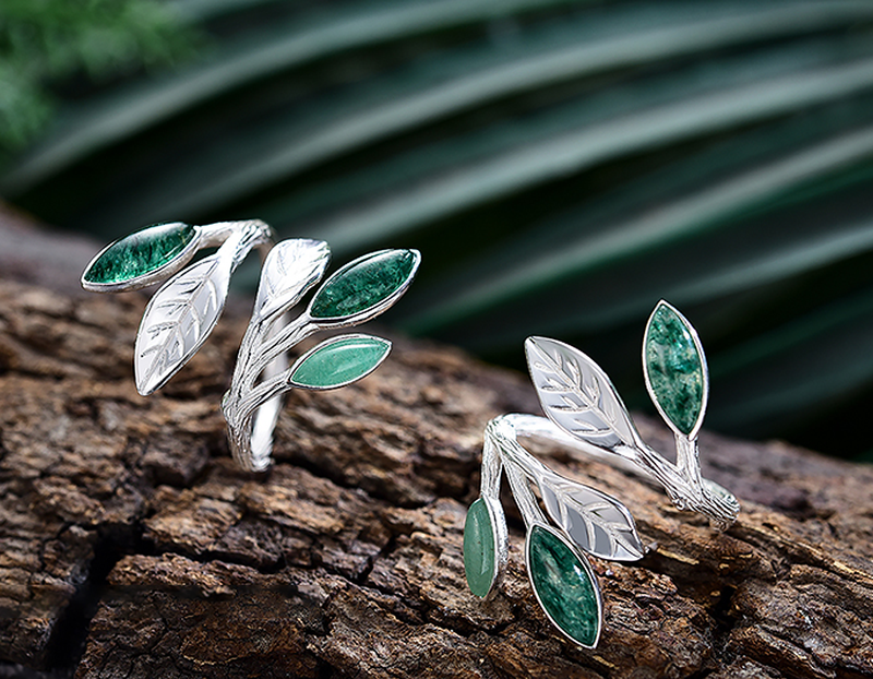 Lotus Fun S925 Sterling Silver Marquise Shape Jade Aventurine Open Leaf Ring Olive Leaf Ring Handmade Jewelry Unique Gifts for Women Mother Mom Wife
