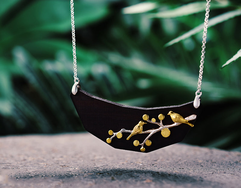 Birds on Branch Wooden Necklace - Lotus Fun
