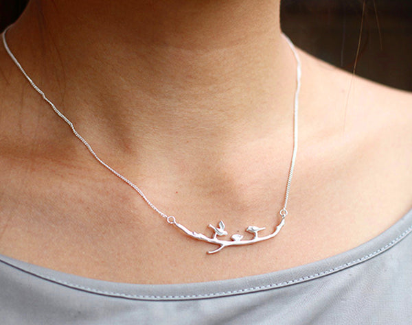Girl wearing Silver Birds on Branch Necklace II - Lotus Fun