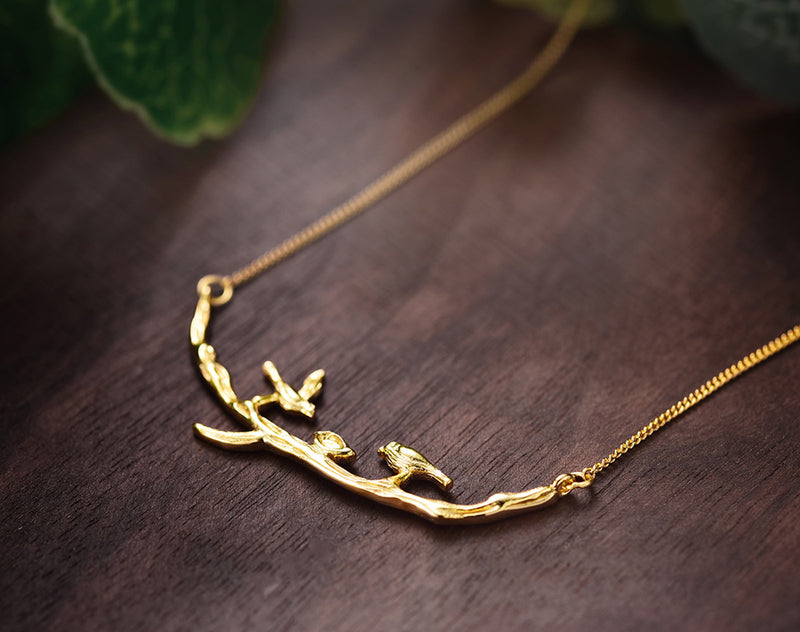 Gold Birds on Branch Necklace II - Lotus Fun