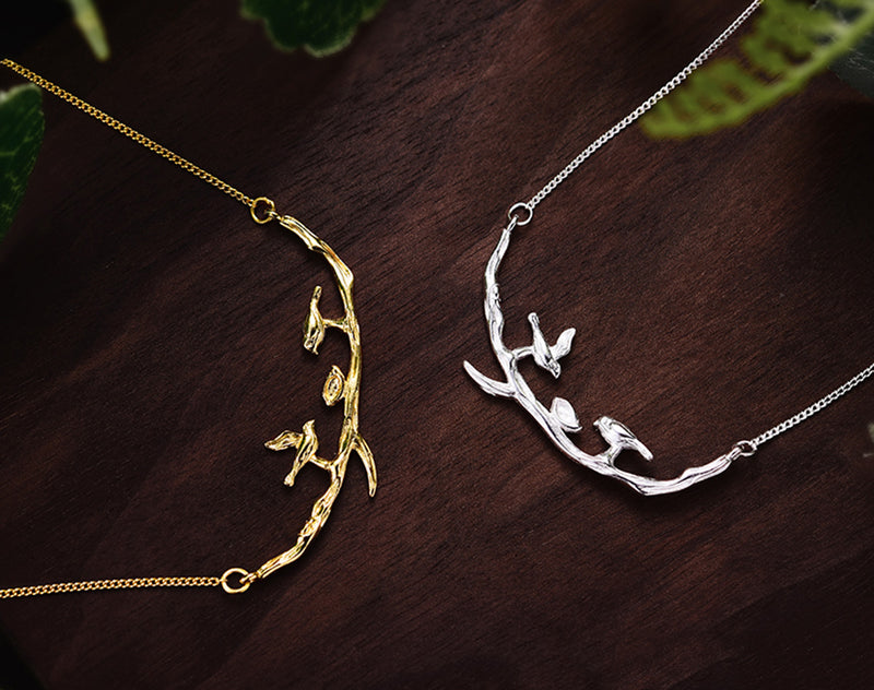 Gold and Silver Birds on Branch Necklace II - Lotus Fun