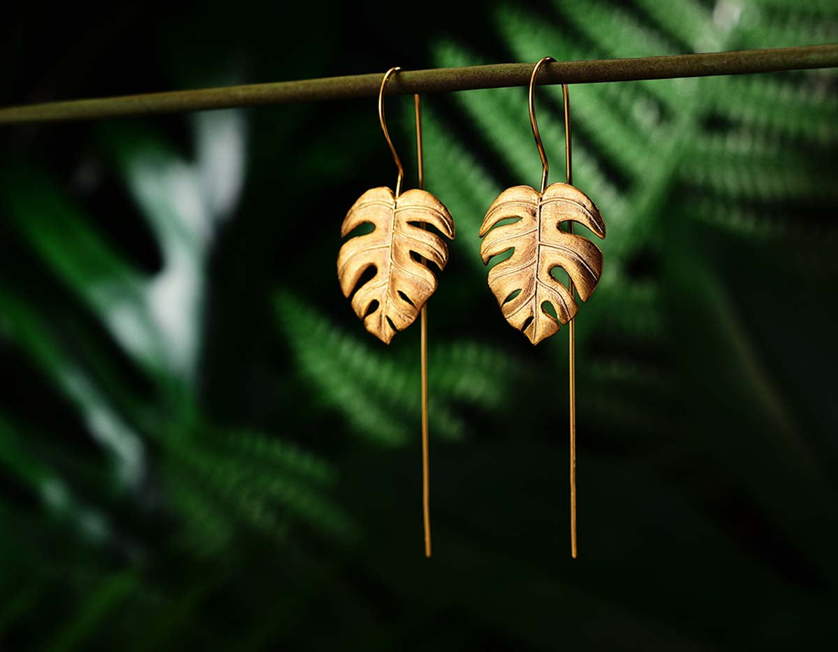 monstera deliciosa earrings Lotus Fun 14K Yellow Gold Plated S925 Sterling Silver Drop Earrings Monstera Leaves Dangle Earrings, Handmade Unique Jewelry Gifts for Women