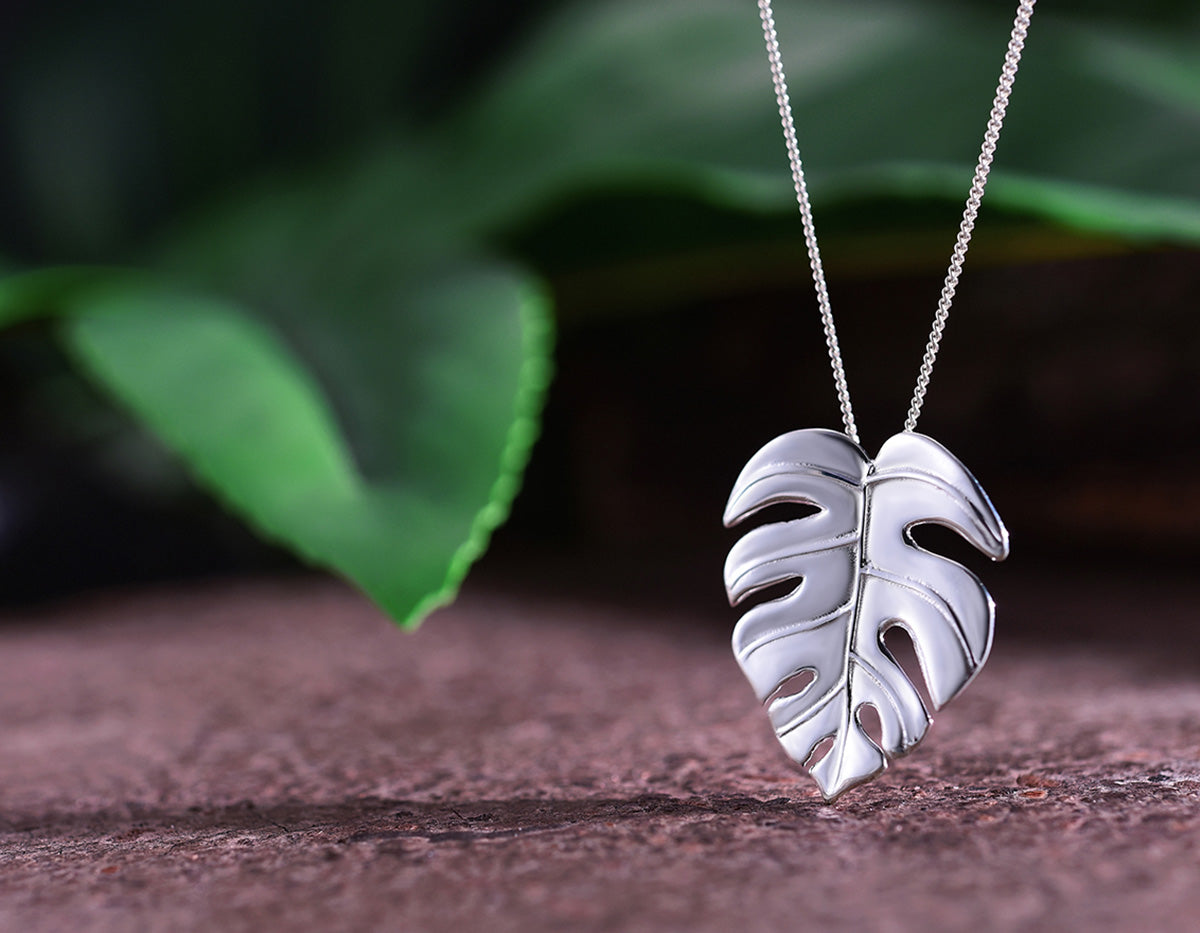 monstera leaf necklace Tropical Monstera Leaves Pendant Necklace | Sterling Silver or 18K Gold