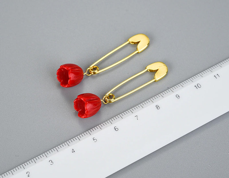 Red Rose on a Safety Pin Earring