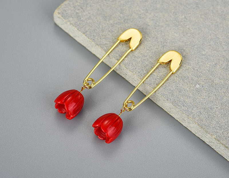 Red Rose on a Safety Pin Earring
